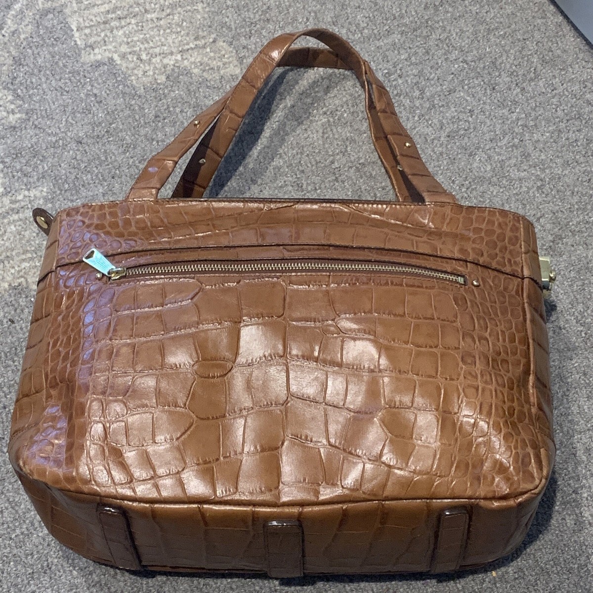 Ladies Lauren Ralph Lauren Dark Brown Faux Croc Embossed Italian Leather Large VTG Ralph Lauren Safari Faux Crocodile Embossed Brown Tote  main image 2