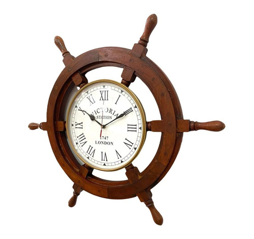 Handmade 24" Wooden Ship Wheel Wall Clock Antique Nautical Maritime Clock Decor - Picture 2 of 4