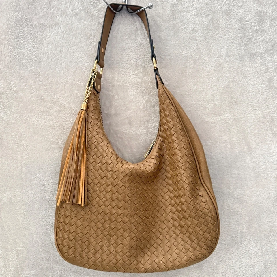 Bolso Hobo Tejido Cuero Sintético Tostado Bolso de Hombro Borla Acento Boho Foto 2 de 4