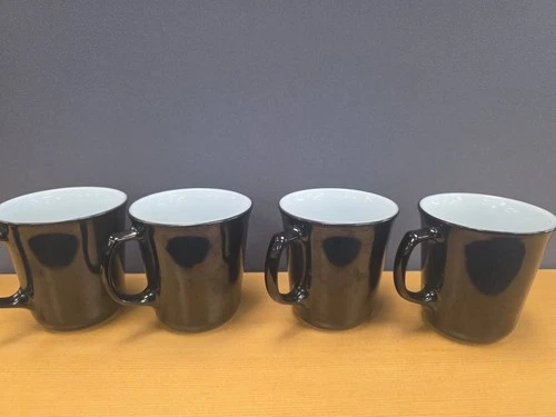 ⭐Vtg Pyrex Milk Glass Black Coffee Mugs Cups Lot of 4 Corning USA Made D Handles