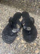 Tory Burch Thora Thong Sandal Flip Flops Black With Silver Logo Size 10