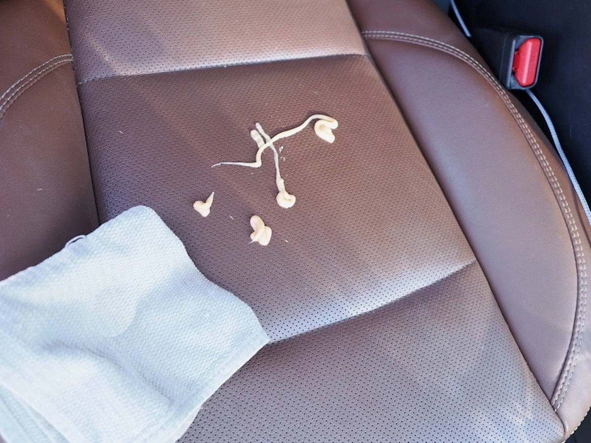 Leather conditioner on tan upholstery. 