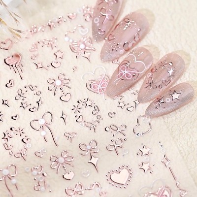 5D Embossed Nail Art Stickers Romantic Rose Gold Pink Nail Decals Bronzing Bow