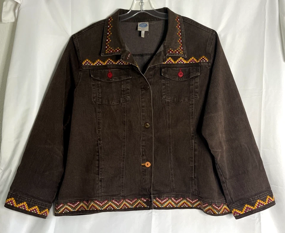 Chaqueta de mezclilla marrón para mujer Diane Gilman, DG2, bordado, azteca occidental talla 3 X Foto 3 de 4