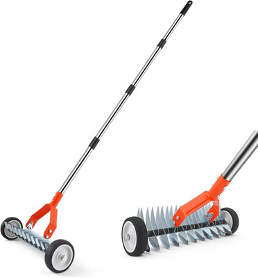 Thatch Rake with Wheels, 37-65.35'' Adjustable Dethatching Roller Rake Adjustabl