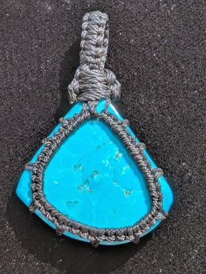 Natural Turquoise Stone Cord Wrapped Macrame Pendant Charm. 42.5mm x 27mm. 4 Gms