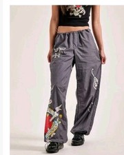 Ed Hardy Y2K Love Kills Slowly Nylon Pants Jogger Gray Graphic Print Skull SMALL