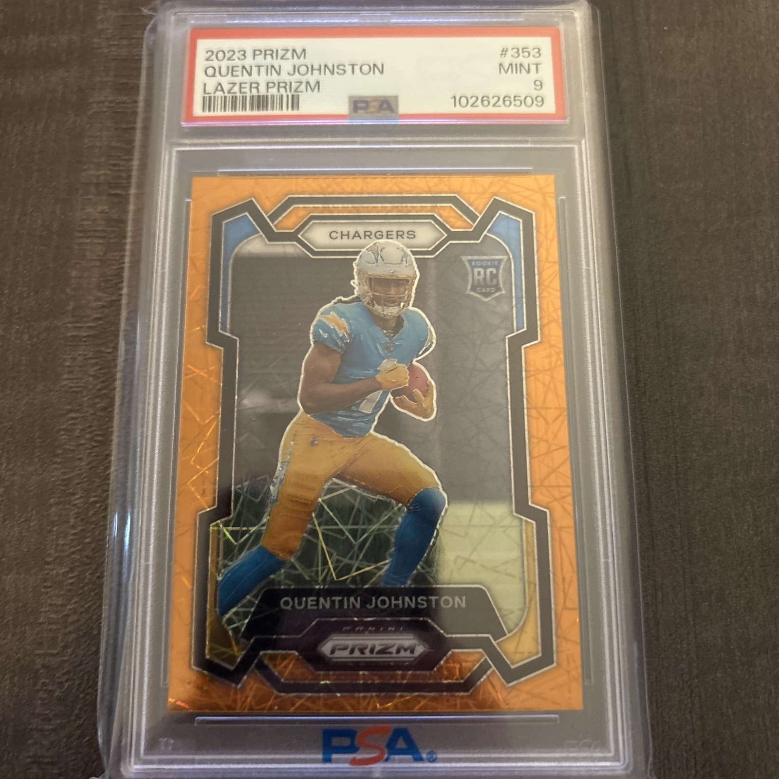 Quentin Johnston 2023 Prizm Orange Lazer Prizm RC #353 PSA 9 Gem Mint Charger