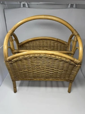 1970s Bamboo And Rattan Magazine Rack Heart Shaped Ends Boho Mid Century 21” H - Image 1 of 4