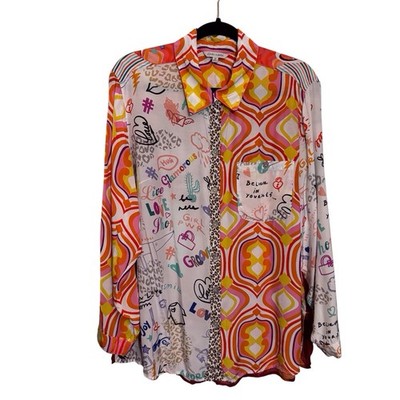 John Mark Size 1X Colorful Girl Power Button Up Graphic Top Artsy Long Sleeve 