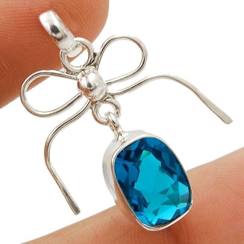 4CT Natural Flawless Blue Topaz 925 Sterling Silver Pendant 1 1/2" Long @9-1