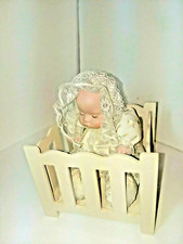 Vtg Animated Bisque Baby Doll in Wooden Crib Music Box Plays Its A Small World