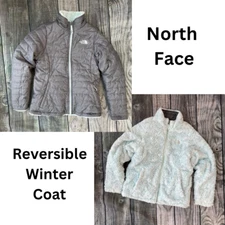 North Face Girls 12 14/16 Winter Jacket Coat Reversible Gray Teal Soft Zip Up