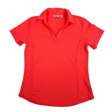 LADY HAGEN Split V-Neck Short Sleeve Polo Shirt Highlighter Coral Sz S Polyester