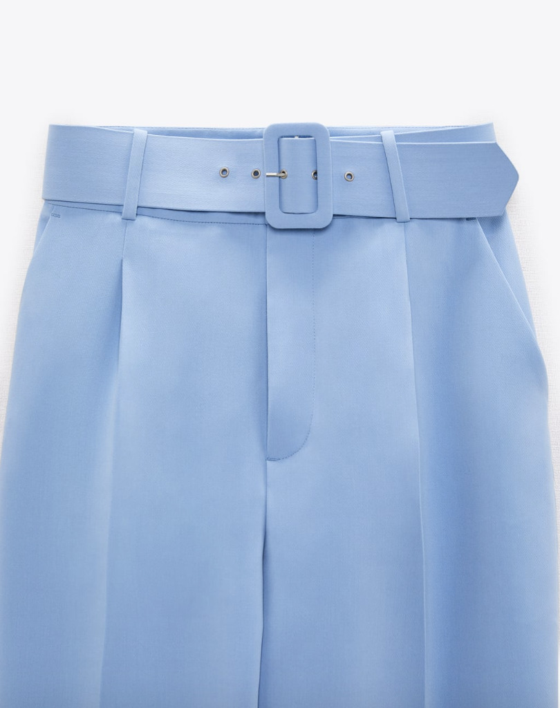 ZARA WOMEN HIGH WAISTED PANTS WITH FABRIC-COVERED BELT NEW BLUE 4387/630 S  - XL