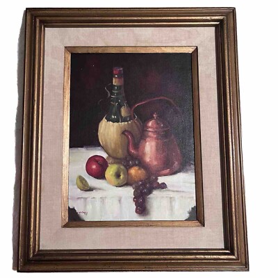 Vintage Still Life Painting with Wine, Fruit & Tea Pot Framed Signed Jo Gayle