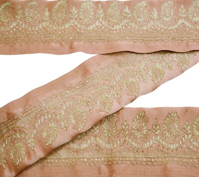 Vintage Peach Sari Border Hand Embroidered Indian Craft Trim Lace Sewing Zari