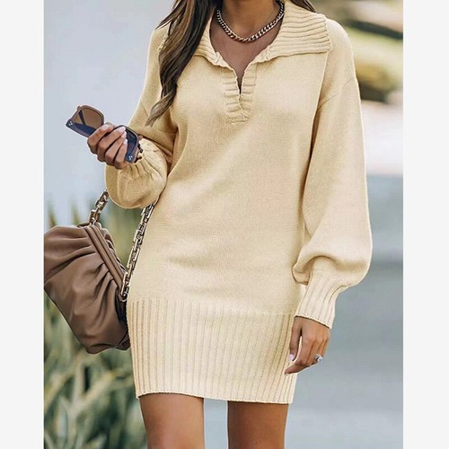 Women Winter V Neck Knitted Jumper Mini Dress Pullover Long Sleeve Top Size 8-22 - Picture 10 of 31