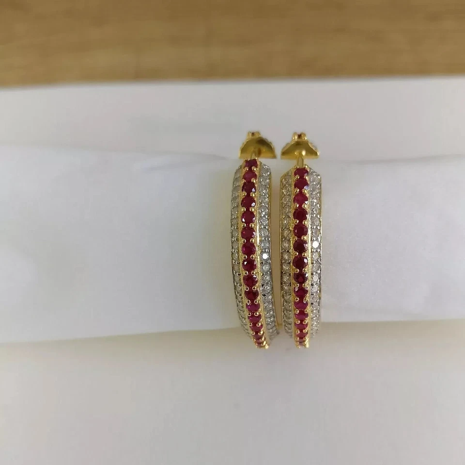 2Ct Round Cut Lab-Created Red Ruby Huggie Hoop Earrings 14K Yellow Gold Plated - Image 2 of 4