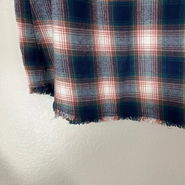 Catálogo Sundance Top Mujer Franela Mediana Azul Naranja Cuadros BOHO Dobladillo Crudo Foto 4 de 4