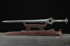 Handmade Brass Handle Short Divine Sword Damascus Steel Blade Leather Sheath