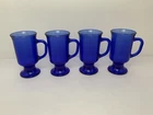 4 Vintage Anchor Hocking 16oz Cobalt Blue Glass Footed Pedestal Café Mugs