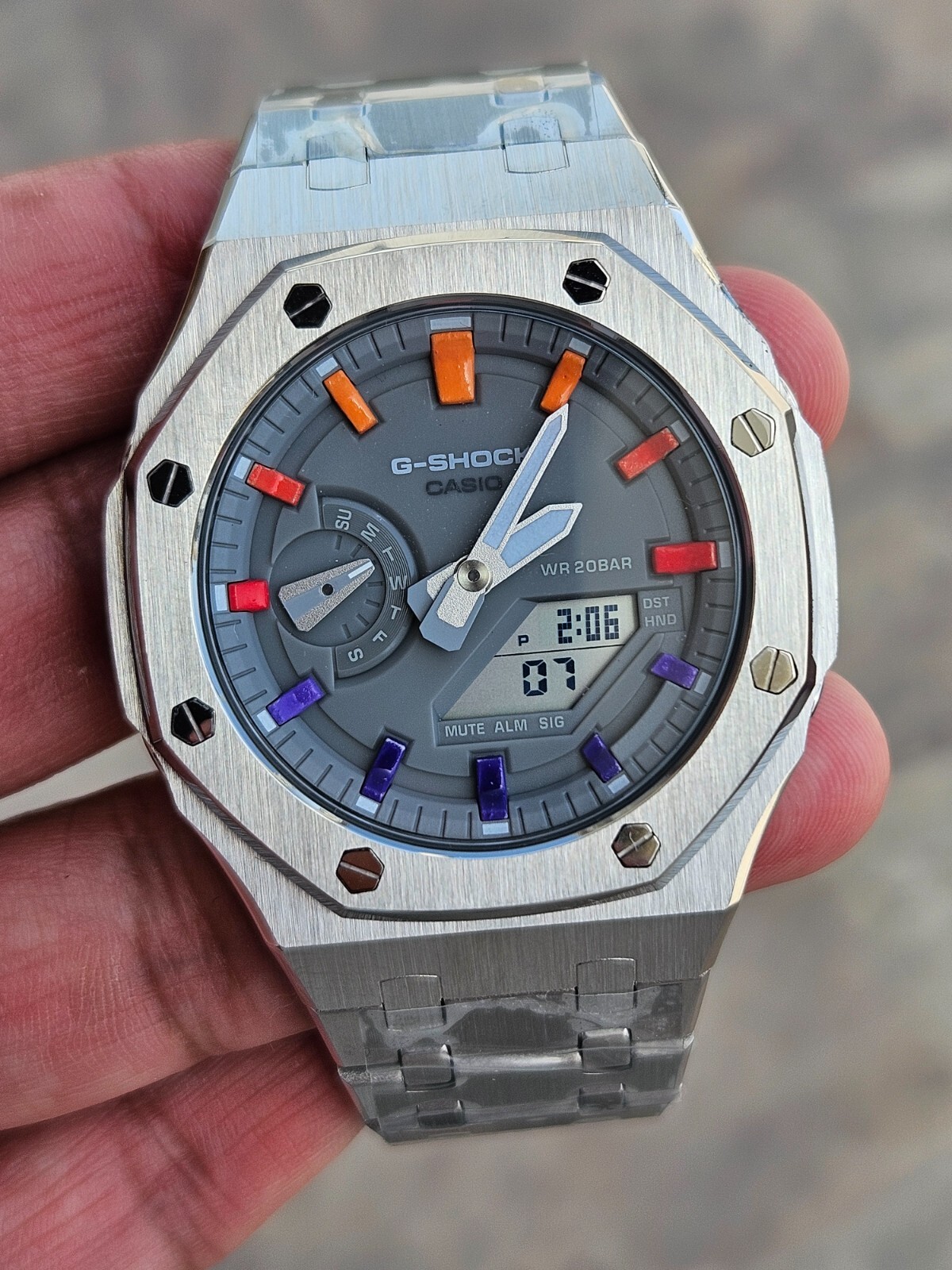 Custom G-SHOCK GA-2100 | Rainbow Index | Gray Dial | Stainless steel Strap