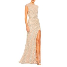 NWT Mac Duggal Embellished Beaded Sequined Illusion High Neck Gown Nude Size 4