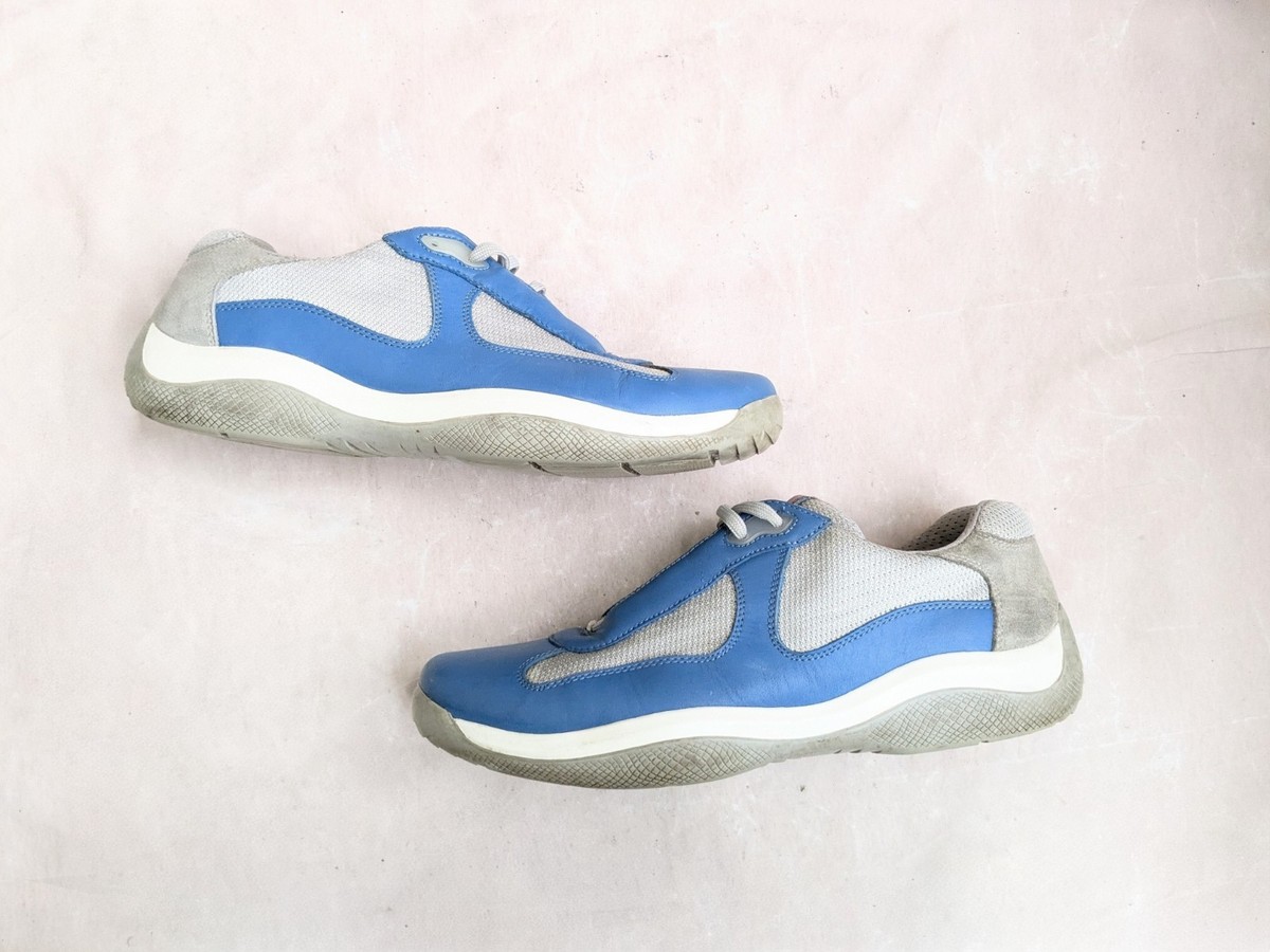 Prada America's Cup Sneakers Men 10.5 Blue Leather Low Top Silver