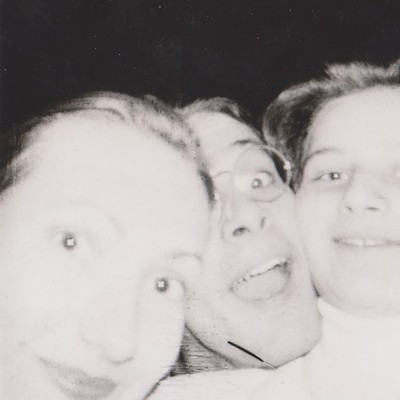 Three Friends Close Up Flash Portrait Distorted Faces Chaotic Snapshot Vintage