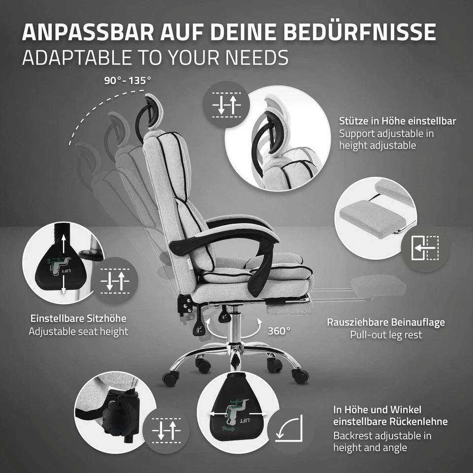 Chaise de bureau ergonomique hauteur réglable fauteuil de direction gris clair - Photo 4/4