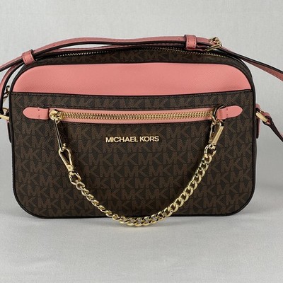 Michael Kors Jet Set Large Logo Coated Canvas Crossbody in Brown and Primrose
