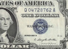 1957A silver certificate $1 one dollar bill Q04728762A blue seal