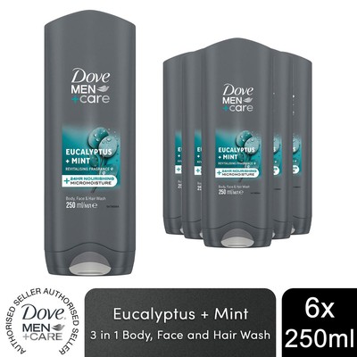 Dove Men+Care 3 in 1 Body, Face & Hair Wash Eucalyptus + Mint 250ml, 6er Pack
