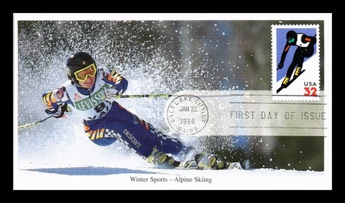 DR JIM STAMPS US COVER WINTER SPORTS ALPINE SKIING FDC ALL OVER MYSTIC