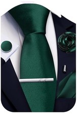 Solid Color Ties for Men Silk Satin Necktie and Pocket Square Hunter Green