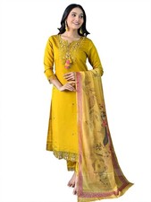 Women Mustard Chanderi Embroidered Kurta Pant Dupatta Set  Kurta Set
