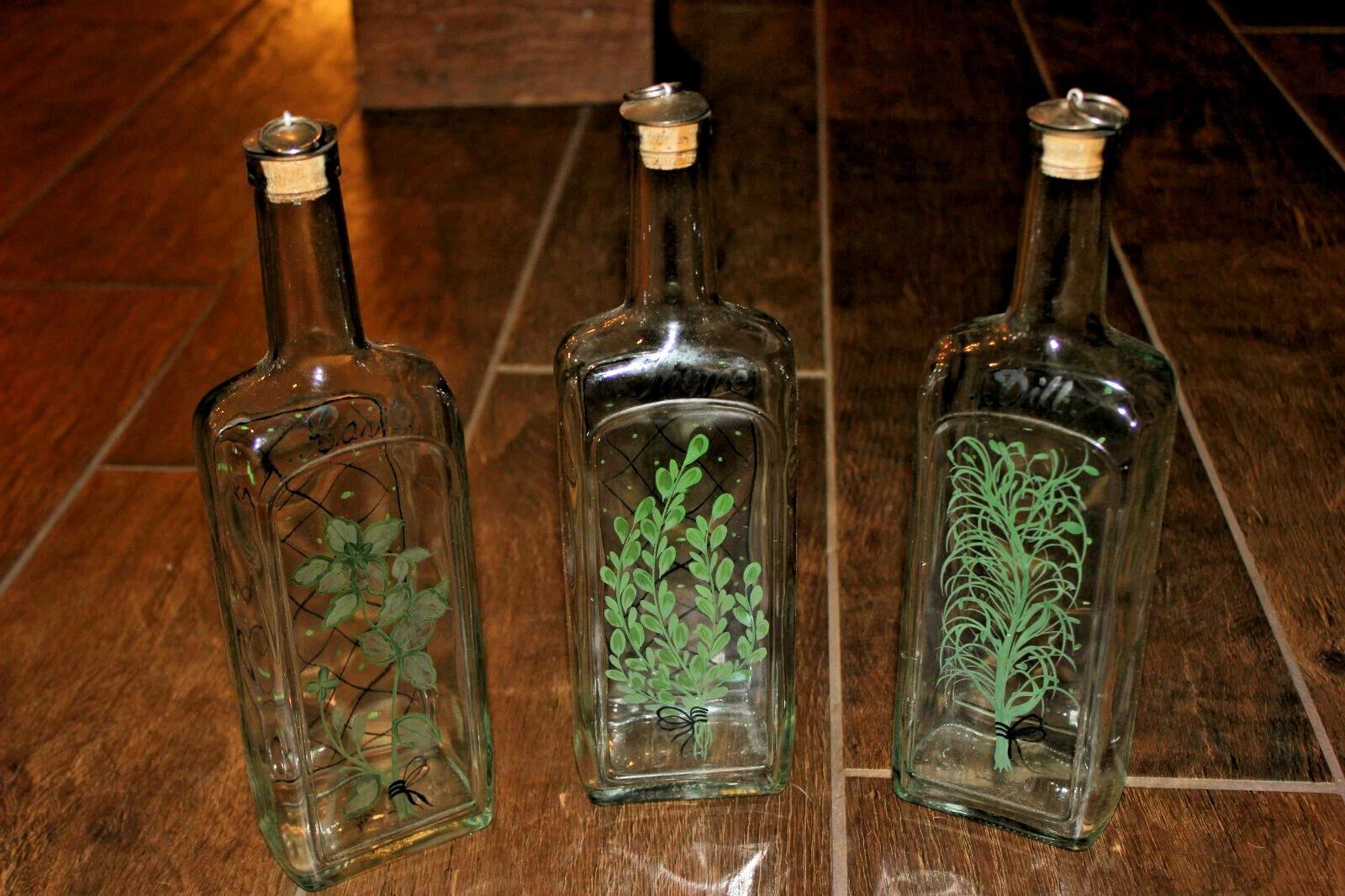 Beautiful Set of 3 Hand Painted Herb Bottles! Basil Dill Thyme! For Oil Vinegar!