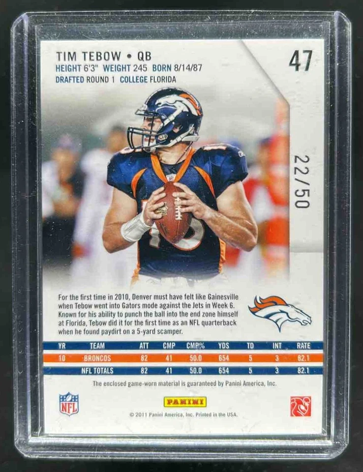 2011 Rookies & Stars Tim Tebow Materials Emerald Prime Jersey Longevity #22/50 - Image 2 of 2