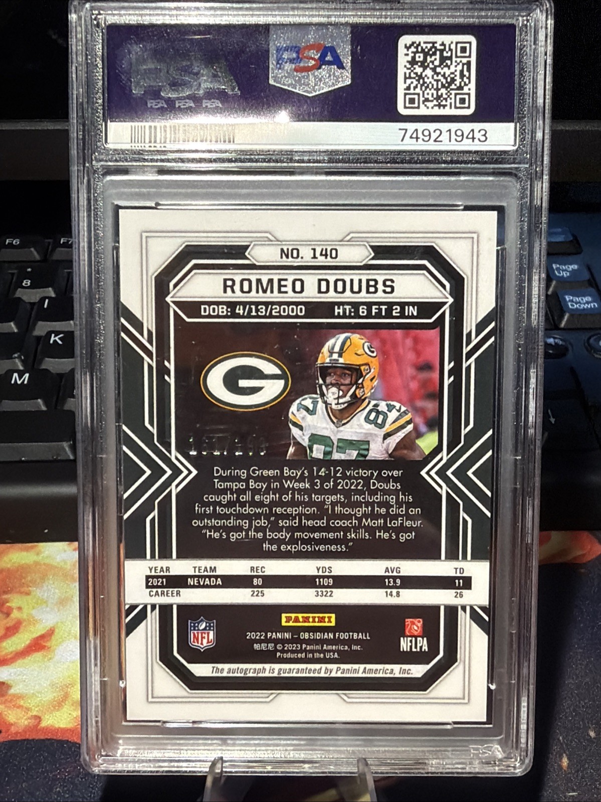 2022 Panini Obsidian Romeo Doubs RC #140 Auto /199 (AU RC) PSA 10 Auto 10 view 2