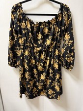 SHEIN Black Yellow Floral Off Shoulder A-Line Short Dress 3/4 Sleeve Size L