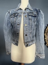 Denim Wise Stone Washed Puff Sleeve Denim Jacket Uk 8 Pale Blue