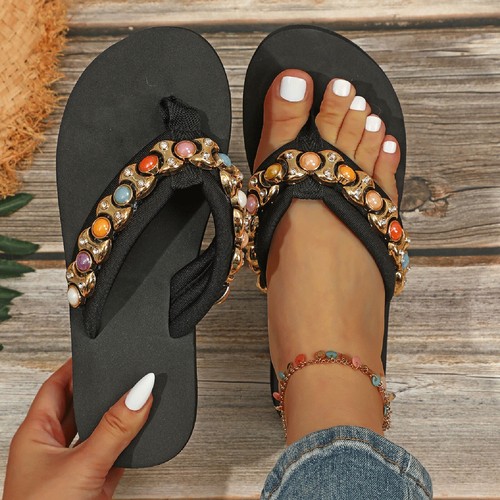 New Ladies Summer Beach Beads Toe Post Wedge Shoes Comfy Flip Flops Sandals