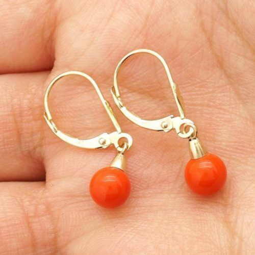 6 mm Ball Shaped Orange Coral Leverback Dangle Earrings 14K Solid Yellow Gold 1" - Picture 1 of 5
