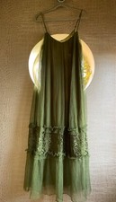 Vila maxi dress pleated mesh net moss green lace embroidered layered 14 16