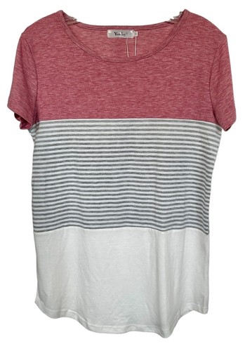Women's Color Block Striped T-Shirt Short Sleeve Loose Tunic Blouse Size S Pink - Picture 4 of 11