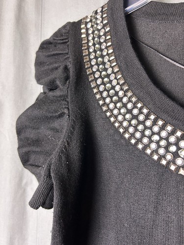 STYLE & CO Black Top Bling Neck Short Sleeve Stretch Knit Top Sz Petite S - EUC! - Picture 7 of 14