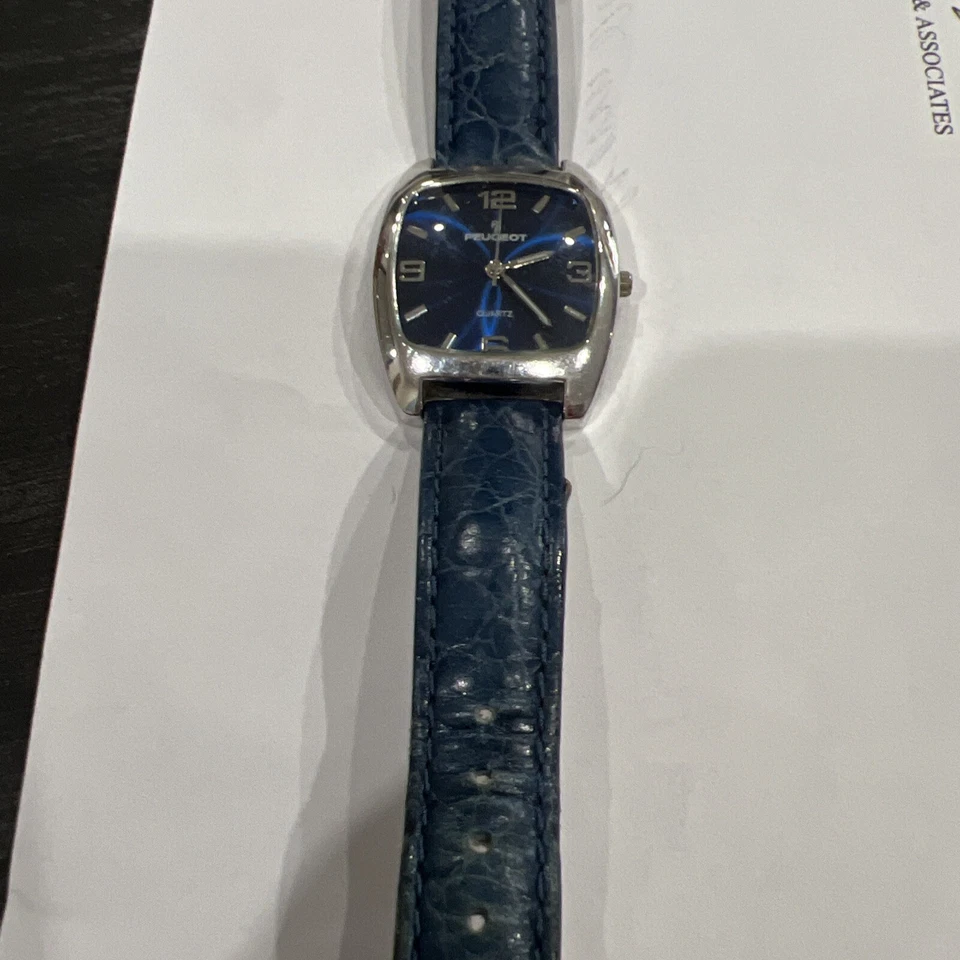 Peugeot Watch Women 33mm Gold Tone Blue Leather Band PQ8246 New Battery - image 2 of 4