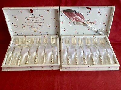 VINTAGE SIMCO ARTWARE SILBERTELLER DESSERTSETS X 2 GEHÜLLT 12 GABELN BLUMENGEHÄUSE