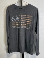 Realtree Colosseum Mens Gray Long Sleeve Shirt Camo Flag Sz M